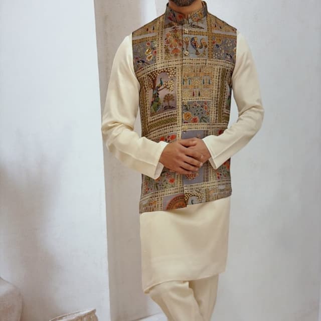 Cream, Grey, Multi-color Kurta Set with Nehru Jacket