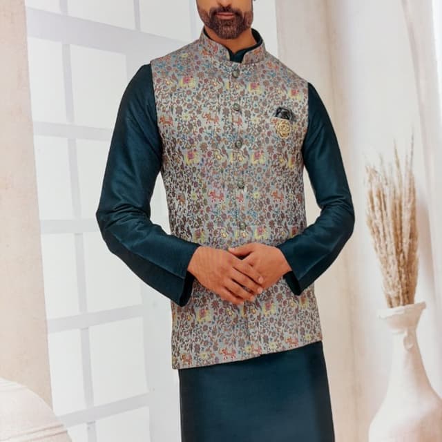 Teal and Multi-color floral/paisley print Kurta with Nehru Jacket