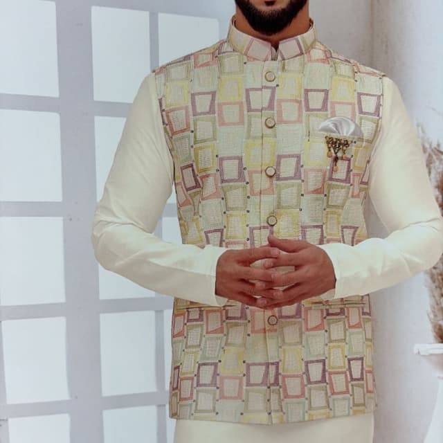 Cream, pastel yellow, light purple, muted pink, beige Waistcoat and Kurta Set