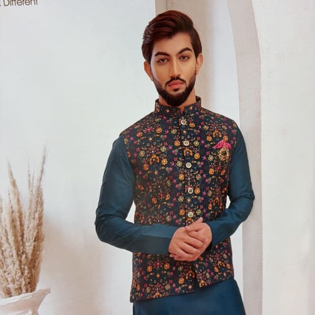 Dark Blue, Multicolor Floral Kurta Set with Nehru Jacket