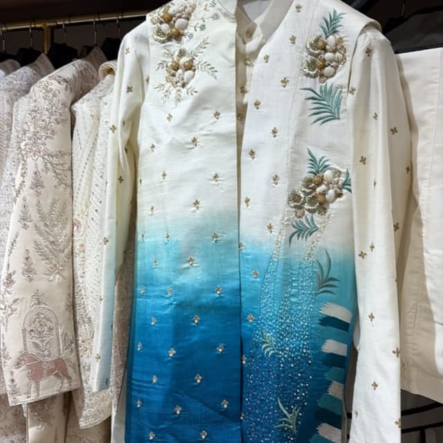 Off-white to gradient blue, gold accents Sherwani Jacket/Waistcoat