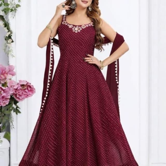 Maroon with white polka dots and pearl white embellishments Anarkali Suit with Palazzo Pants and Dupatta