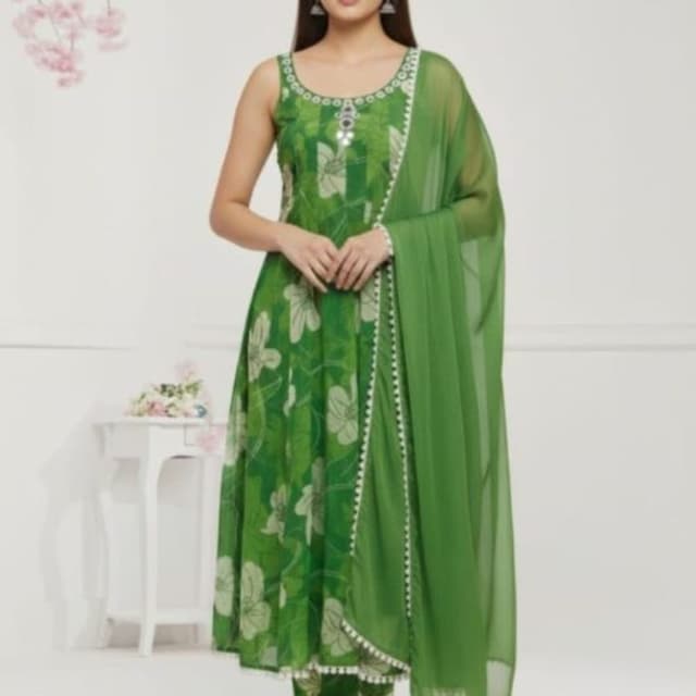 Green with white floral print Anarkali Suit with Palazzo