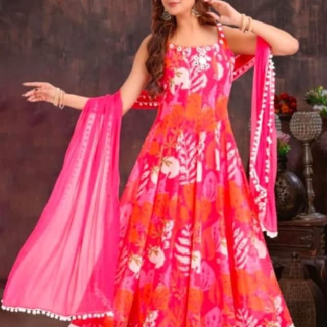 Fuchsia, Orange, White Anarkali Suit Set
