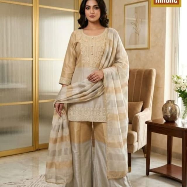 Gold and Cream with Beige Tones Kurta Set with Palazzo Pants and Dupatta