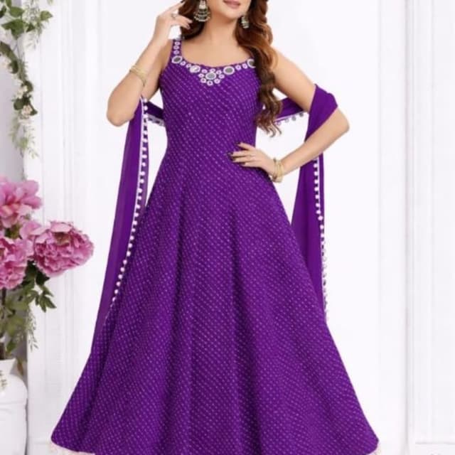 Deep Purple with White Anarkali Suit with Pants and Dupatta