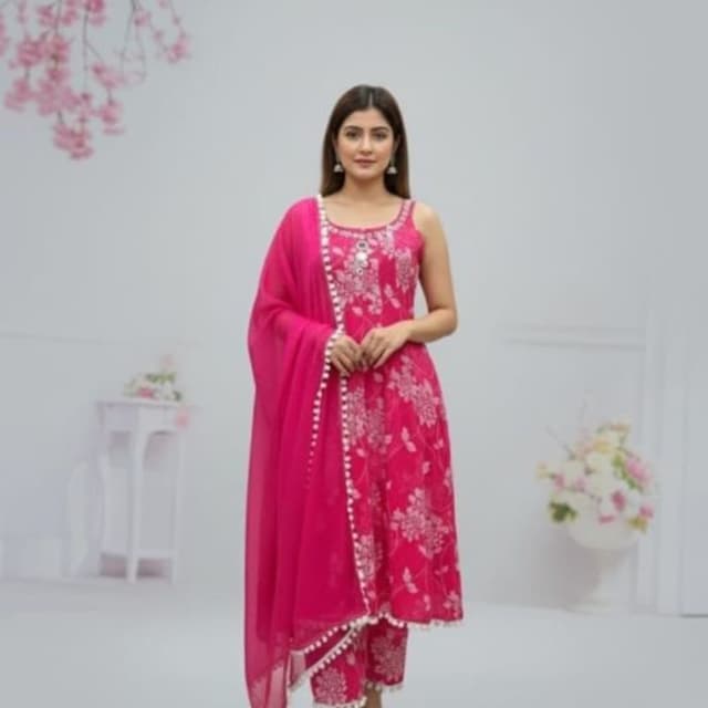 Hot Pink with White floral print Kurta Pant Set with Dupatta