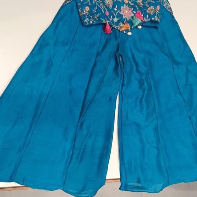Teal blue with multi-colored floral embroidery (pinks, oranges, whites, greens, gold, silver) Sharara Set