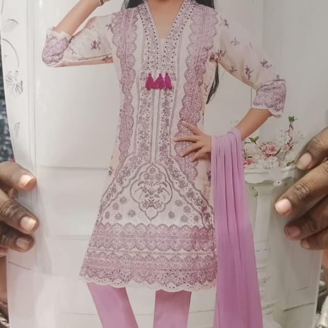 Cream base with pink and grey embroidery, paired with lilac pants and dupatta Salwar Kameez Set