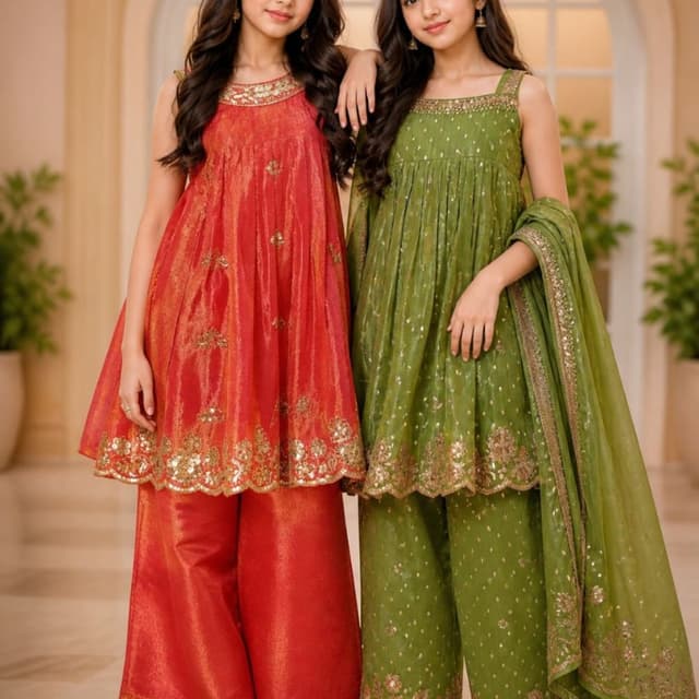Red and Green with gold embellishments Kurta set with Palazzo pants