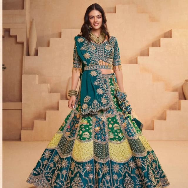 Teal, Green, Yellow, Gold Lehenga Choli