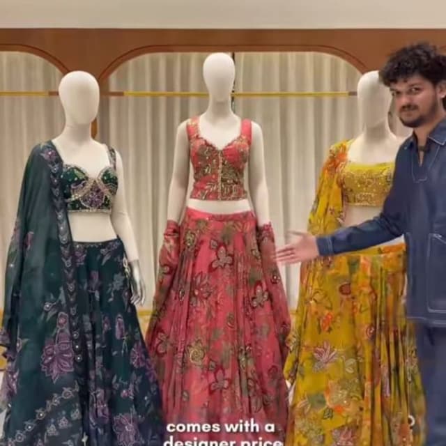 Emerald green, deep plum, coral pink, mustard yellow, gold Lehenga Choli