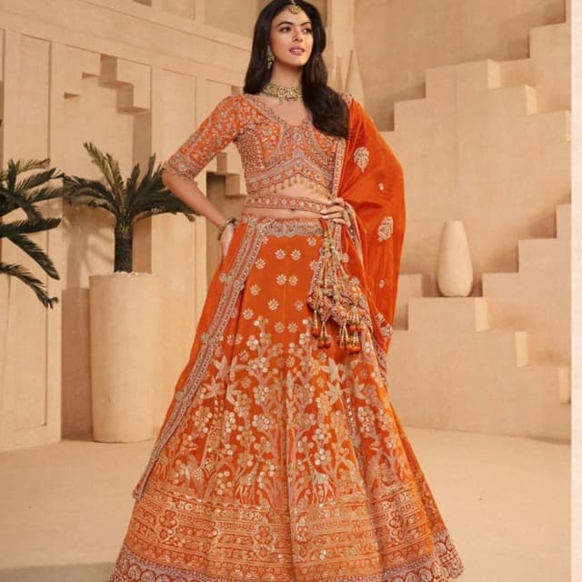 Orange, Gold, Silver Lehenga Choli