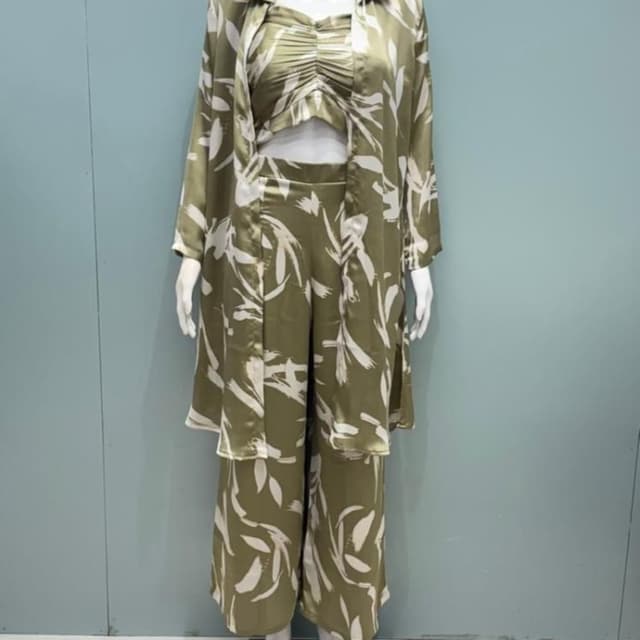 Olive green with white leaf print 3-piece outfit (Crop top, wide-leg pants, and open-front jacket)