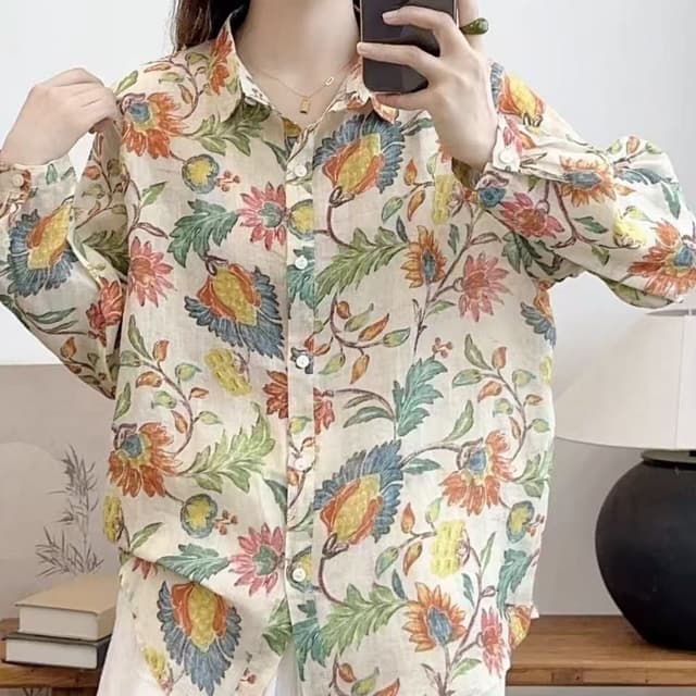 Cream base with floral print in orange, blue, yellow, pink, and green Shirt