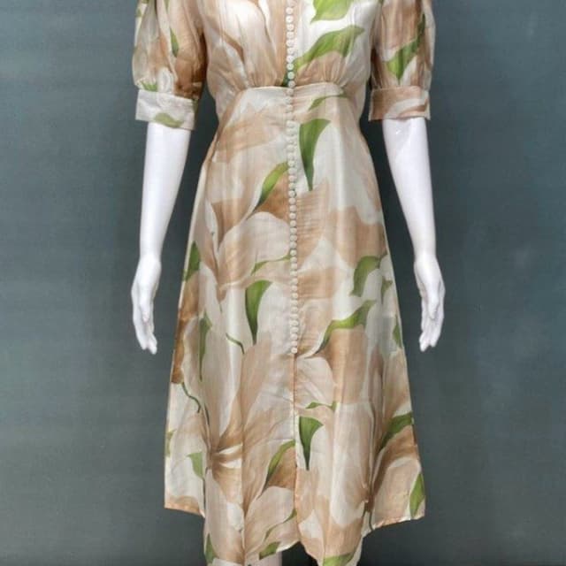Beige, White, Green Dress