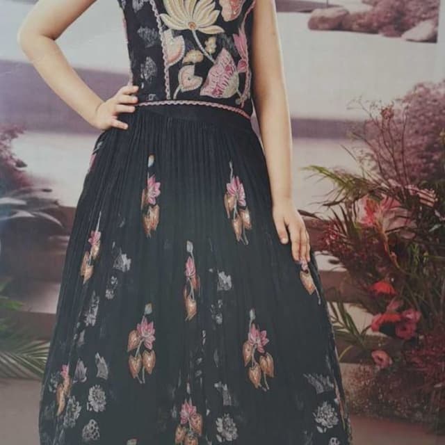 Black with floral prints in pink, beige, and grey Lehenga Choli