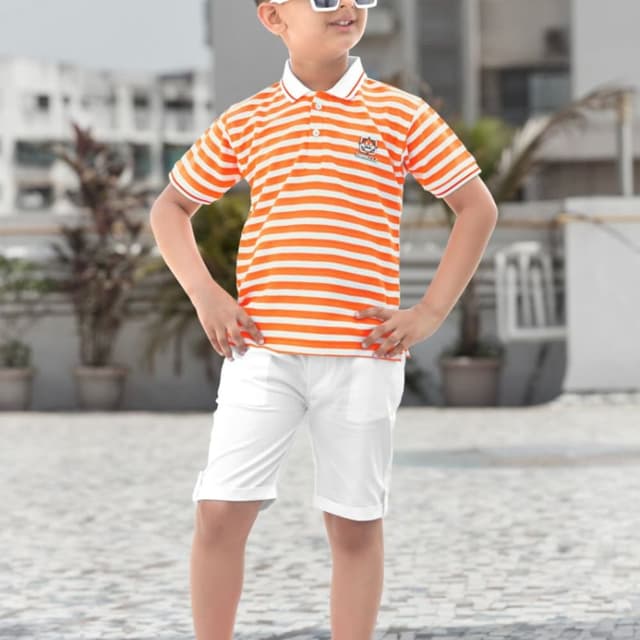 Orange and White Stripes, White Polo Shirt and Shorts Set