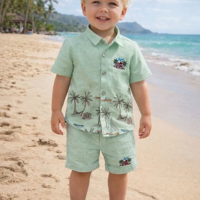 Light Green, Brown, Blue, White Shorts Set