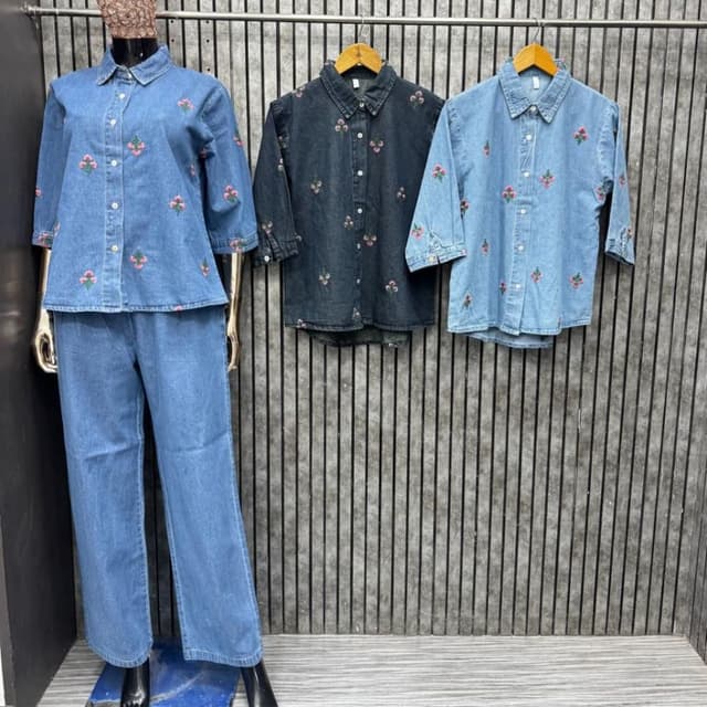 Blue denim, Dark grey denim, Pink floral embroidery Denim Shirt