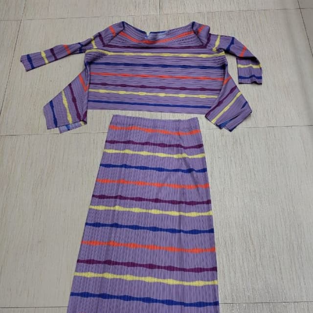 Lavender with multi-colored stripes (red, orange, yellow, blue, purple) Skirt and Top Set