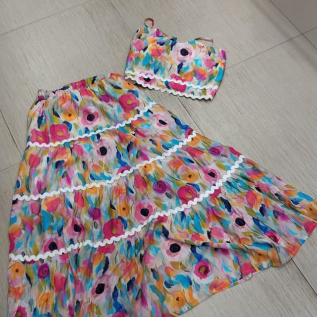 Multicolor, Floral print with pink, blue, orange, yellow, and black accents Two-piece set (Crop top and tiered skirt)