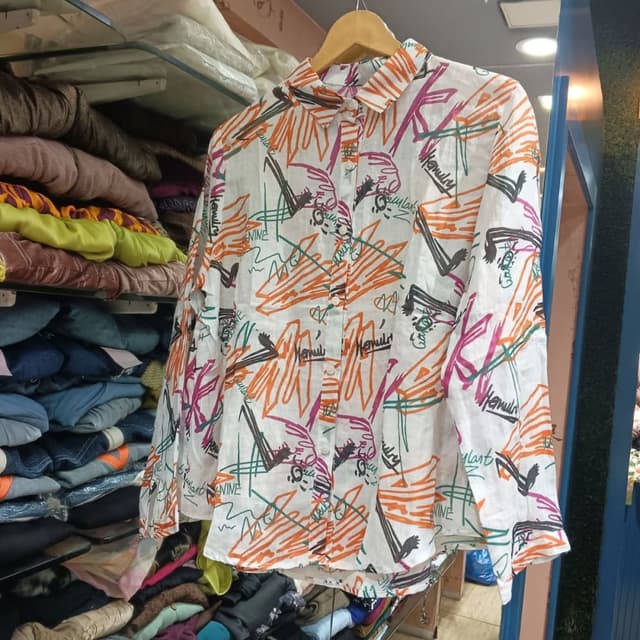 White with Orange, Pink, Green, and Black abstract print Shirt