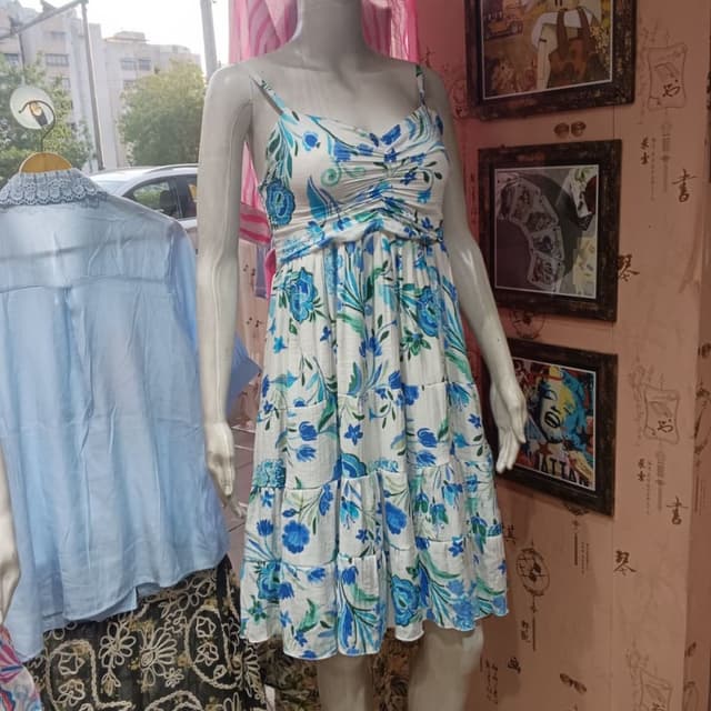 White with blue floral print Dress