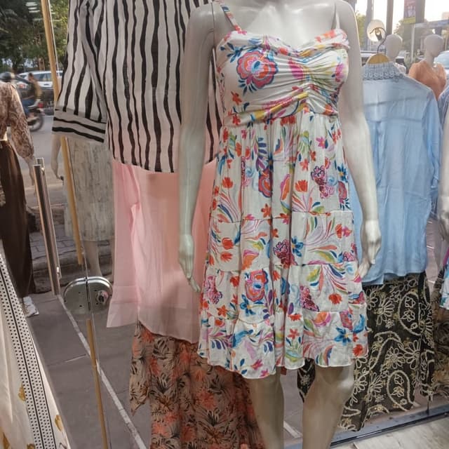 White with multi-colored floral print (pink, blue, orange, green) Dress