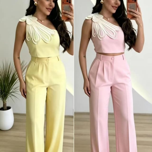 Pale Yellow, Pastel Pink, Cream Two-piece set (Crop top and wide-leg pants)