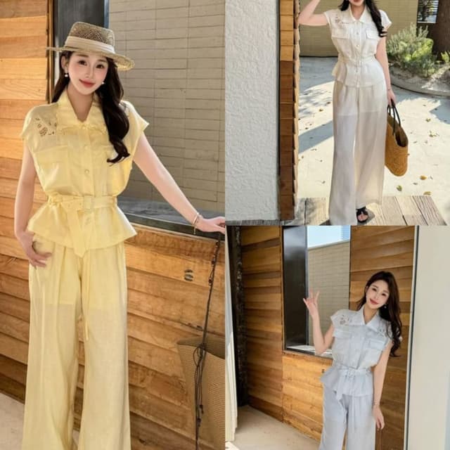 Pastel Yellow, White, Light Blue Co-ord Set (Shirt and Trousers)