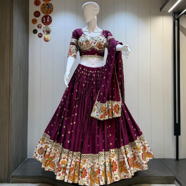 Deep Purple, White, Gold, Orange, Green, Red Lehenga Choli