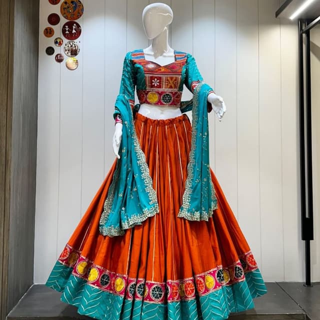 Orange, Teal, Red, Yellow, White, Black Lehenga Choli