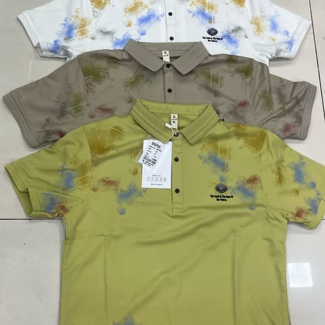 Off-white, Taupe, Lime Green with abstract multicolor print (blue, yellow, red) Polo Shirt