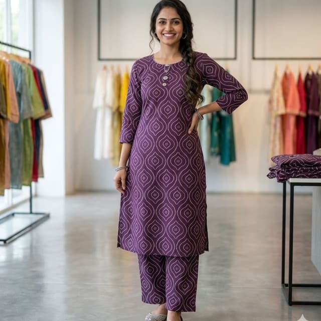 Deep Purple with White Geometric Pattern Kurta and Pants Set
