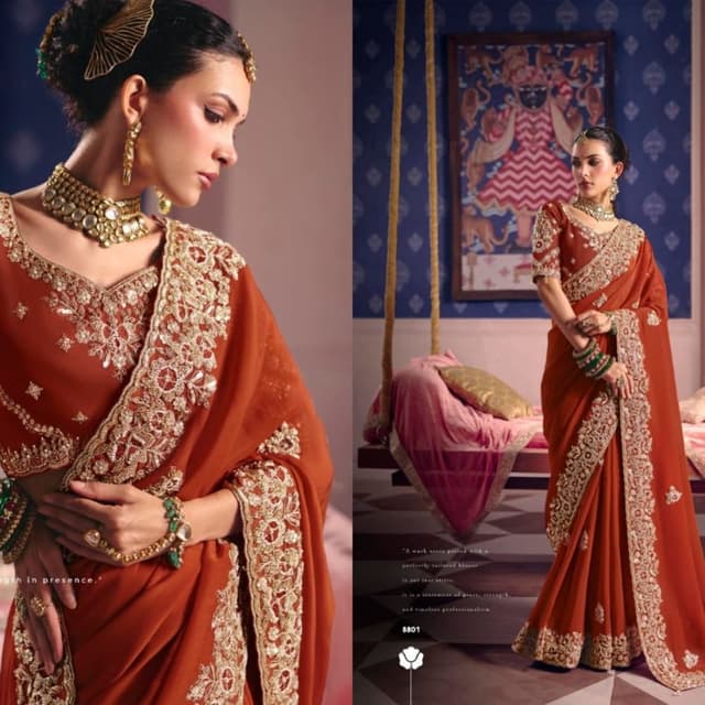 Burnt orange with gold embellishments Saree