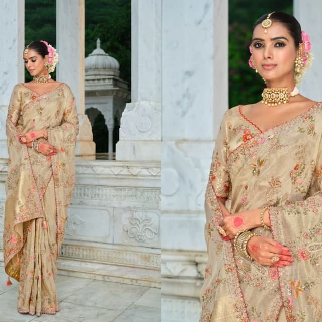 Beige with pink, orange, and gold embroidery Lehenga Choli
