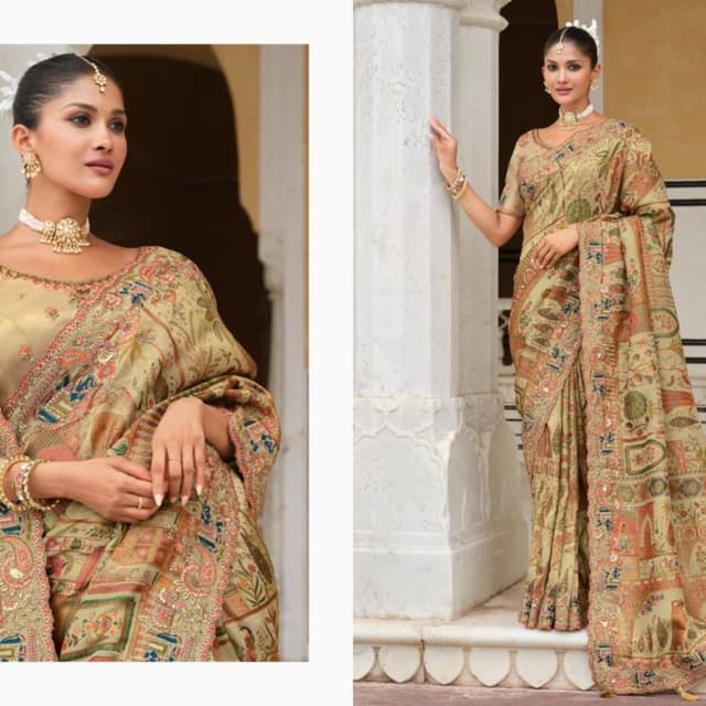Beige, gold, multicolor floral and paisley prints, with hints of blue and pink Saree