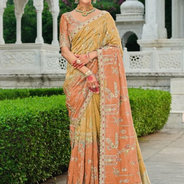 Mustard Yellow and Peach Ombre Saree and Blouse