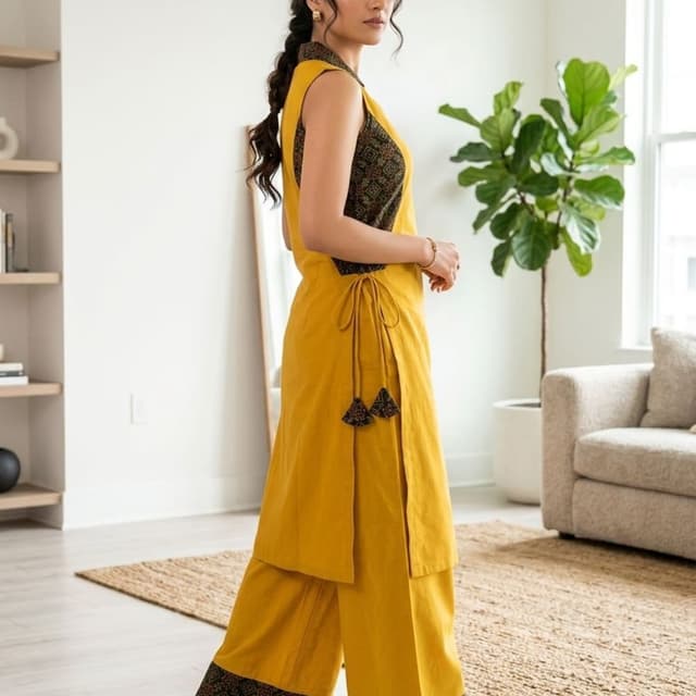 Mustard Yellow, Black, Brown, Green, Red Kurta Set with Palazzo Pants