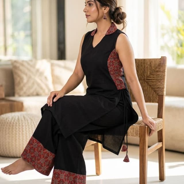 Black, Red, White Kurta and Palazzo Set
