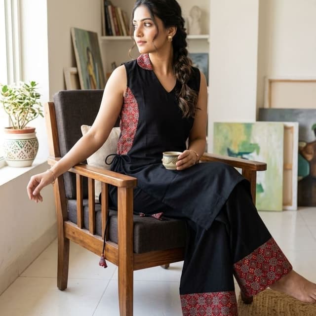 Black, Red, White Kurta Set