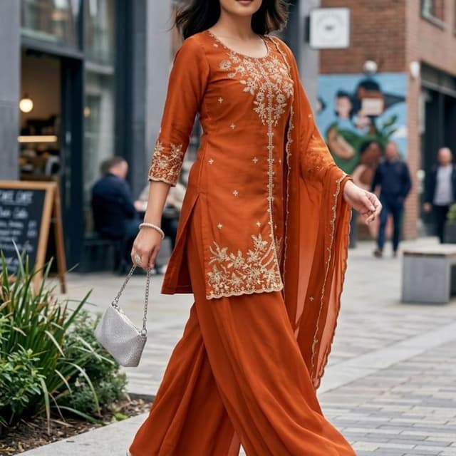 Burnt Orange with Gold Kurta Set with Palazzo Pants