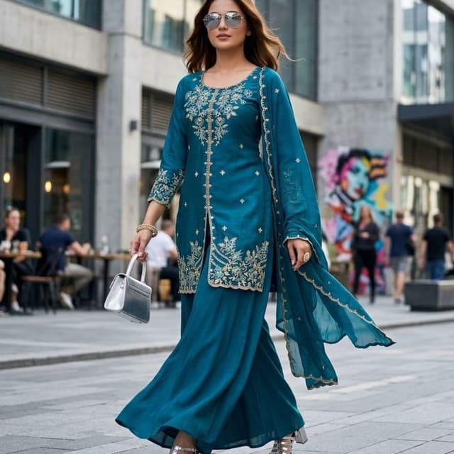 Teal with gold embroidery Kurta set with palazzo pants and dupatta