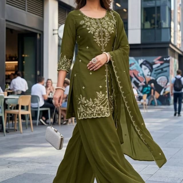 Olive Green with Gold Embellishments Kurta Set with Palazzo Pants and Dupatta