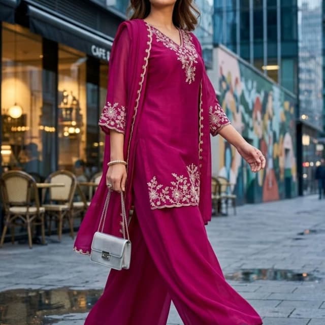Magenta, Gold Kurta Set with Palazzo Pants