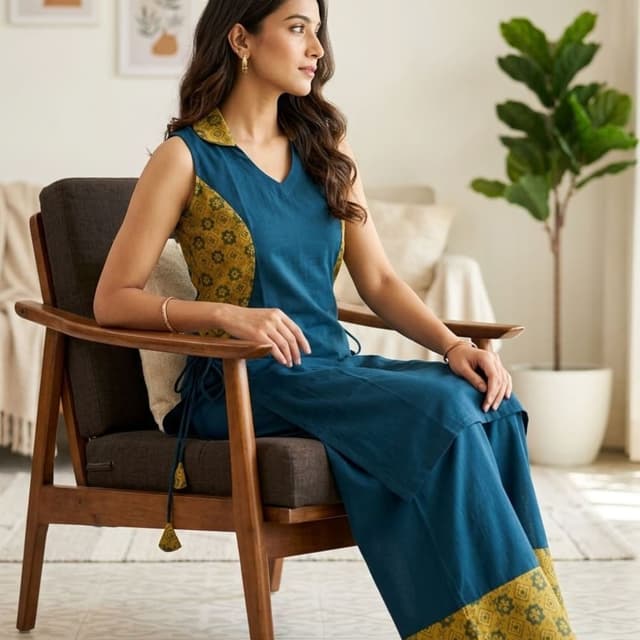 Teal blue, Mustard yellow Kurta Set