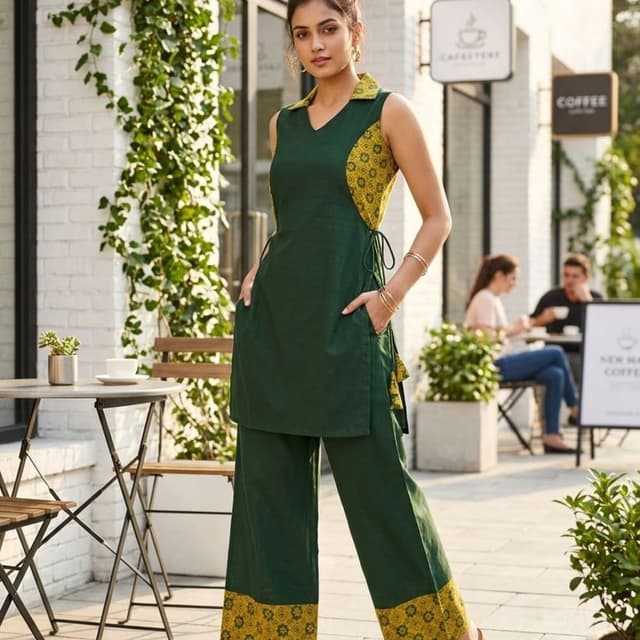 Deep Green and Mustard Yellow Kurta and Palazzo Set
