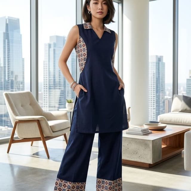 Navy blue, cream, maroon, and blue Kurta set with palazzo pants