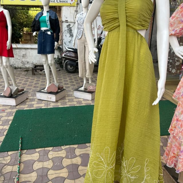 Olive green with white embroidery Maxi Dress